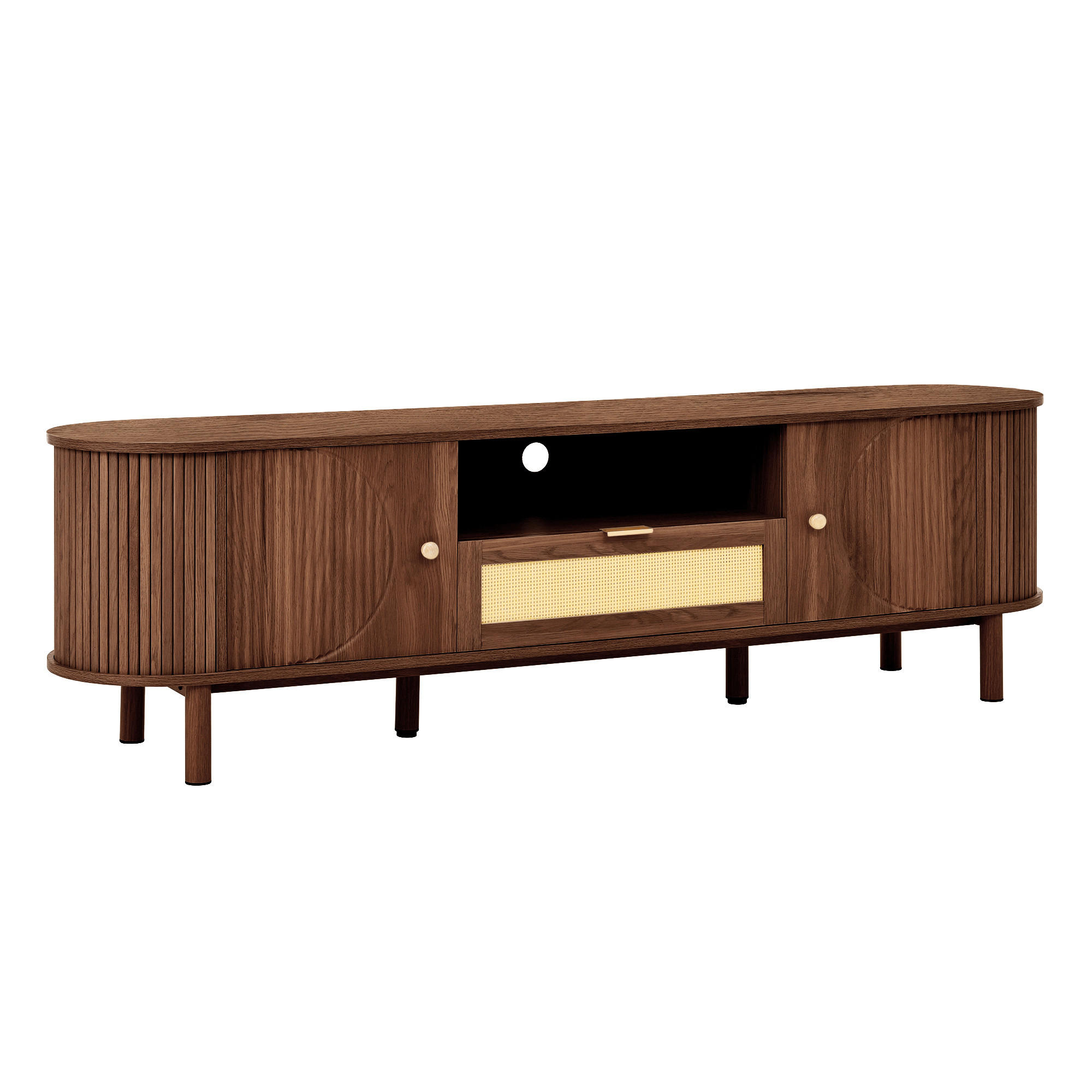 TV-SCHRANK 175 cm Nussbaum MDF mit Rattan-Schublade, offenen Fächern und Runddesign - Walnussfarben, Holzwerkstoff (175/51/36cm) - Urban Meuble