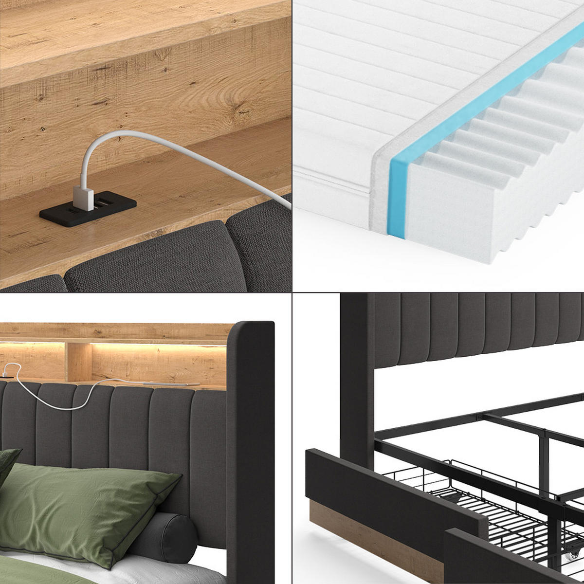 ČALOUNĚNÁ POSTEL Nura Antracit - antracitová/barva dubu, kompozitní dřevo - VitaliSpa