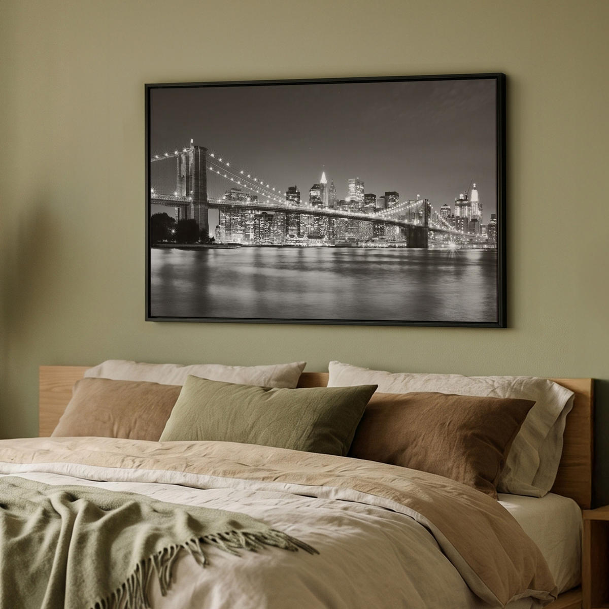 LEINWAND Bilder mit Rahmen - New York - Brücke - Brooklyn - Schwarz und weiß - Architektur - 90x60 - Schwarz, Textil (90/60cm) - MuchoWow