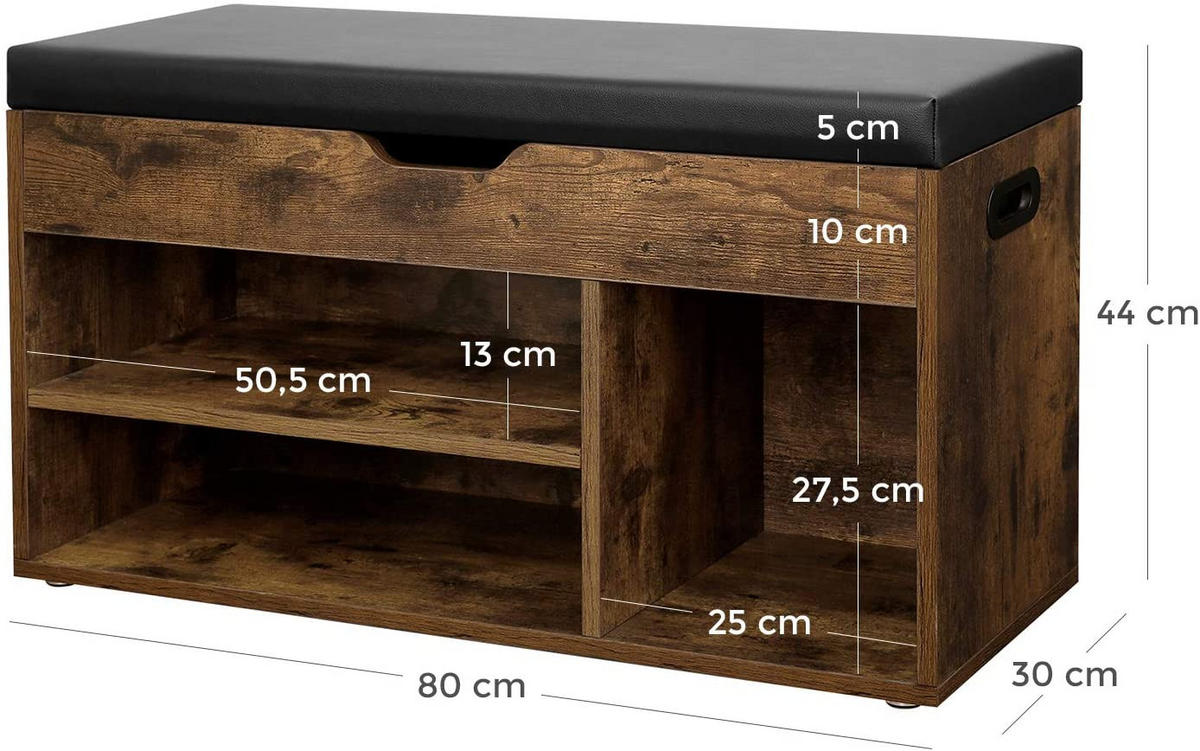 SCHUHBANK Rustikales Braun 80x30 cm LHS30BX Mit Sitzfläche - Schwarz, Holzwerkstoff (80/44/30cm) - Edanti