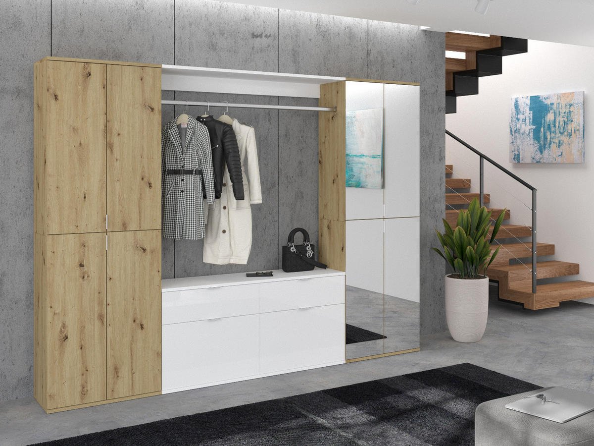 GARDEROBE Eiche Artisan, weiß Hochglanz 243 cm, Set mit viel Stauraum - Chromfarben/Weiß Hochglanz, Glas/Holzwerkstoff (243/193/34cm) - Inn.Furn
