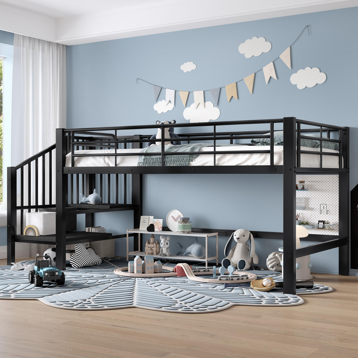 HOCHBETT 90/200 cm in Schwarz halbhoch mit Stauraumtreppe und Lattenrost Kinderbett - Schwarz, Metall (90/200cm) - STILVORA