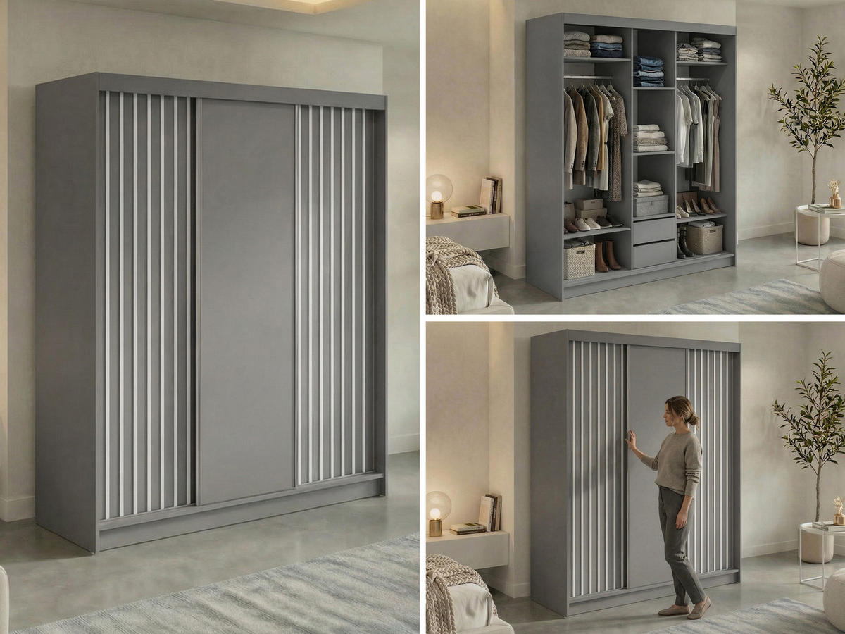 SCHWEBETÜRENSCHRANK mit Lamellen und Schubladen LUMOS - 180 - Grau und Weiß - Alufarben/Weiß, Holzwerkstoff/Metall (180/216/61cm) - MKS