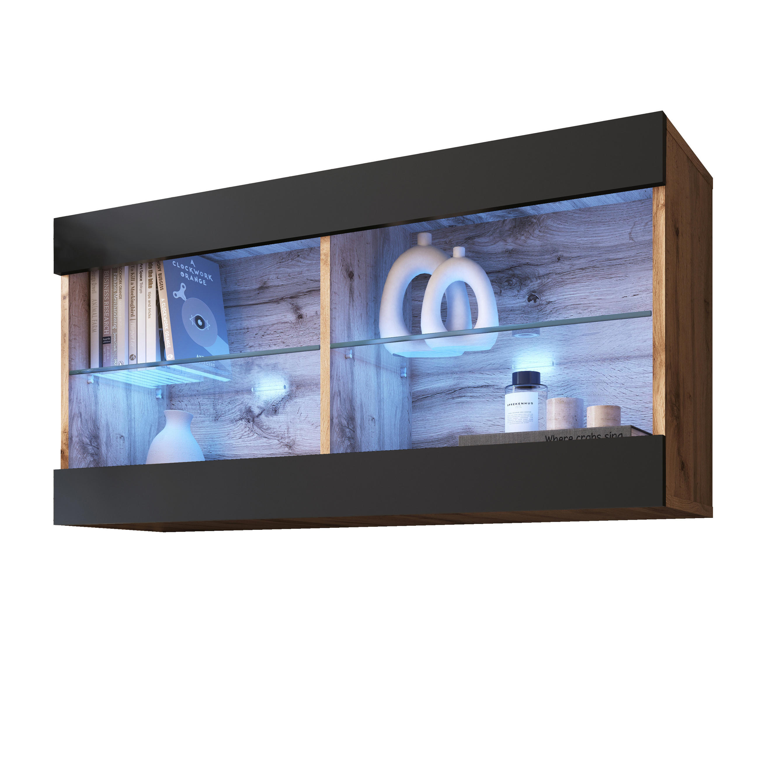 HÄNGEVITRINE TIVOLI HORIZONTAL 100, Schwarz, LED Blau - Eiche Wotan/Schwarz, Glas/Holzwerkstoff (100/50/29.5cm) - Komodee