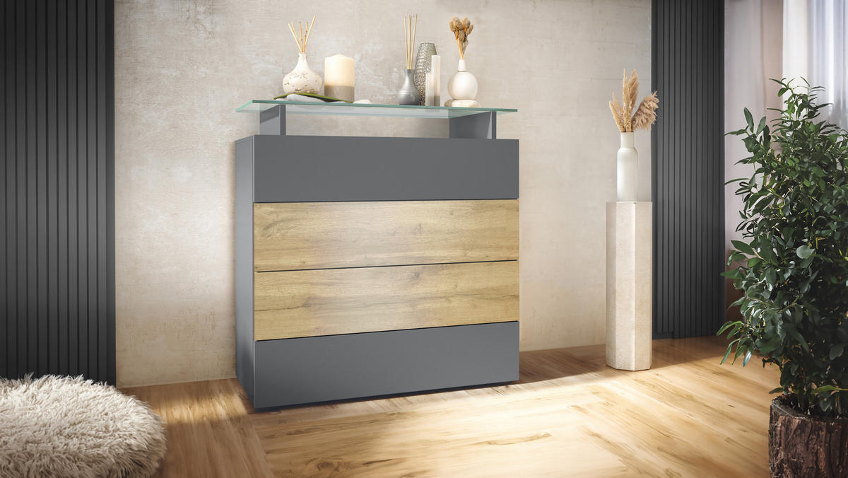 KOMMODE Pavos Anthrazit matt / Eiche Evoke - Eichefarben/Anthrazit, Holzwerkstoff (76/80/33cm) - Vladon