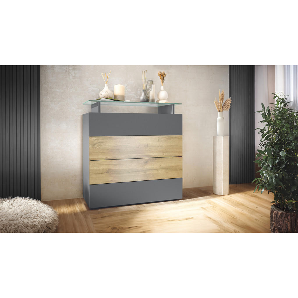 Thumbnail - Vladon Kommode, Anthrazit, Eiche, Holzwerkstoff, 76x80x33 cm, Wohnzimmer, Kommoden & Sideboards, Kommoden