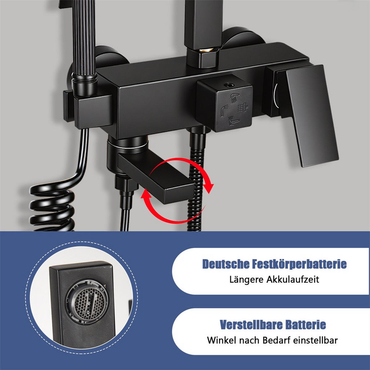 DUSCHSET mit Thermostat-Effekt - Duschsystem 4-in-1 mit Regendusche und Bidet-Sprühpistole - mit Handbrause - Schwarz - Schwarz, Metall (20/105/16cm) - DELFA