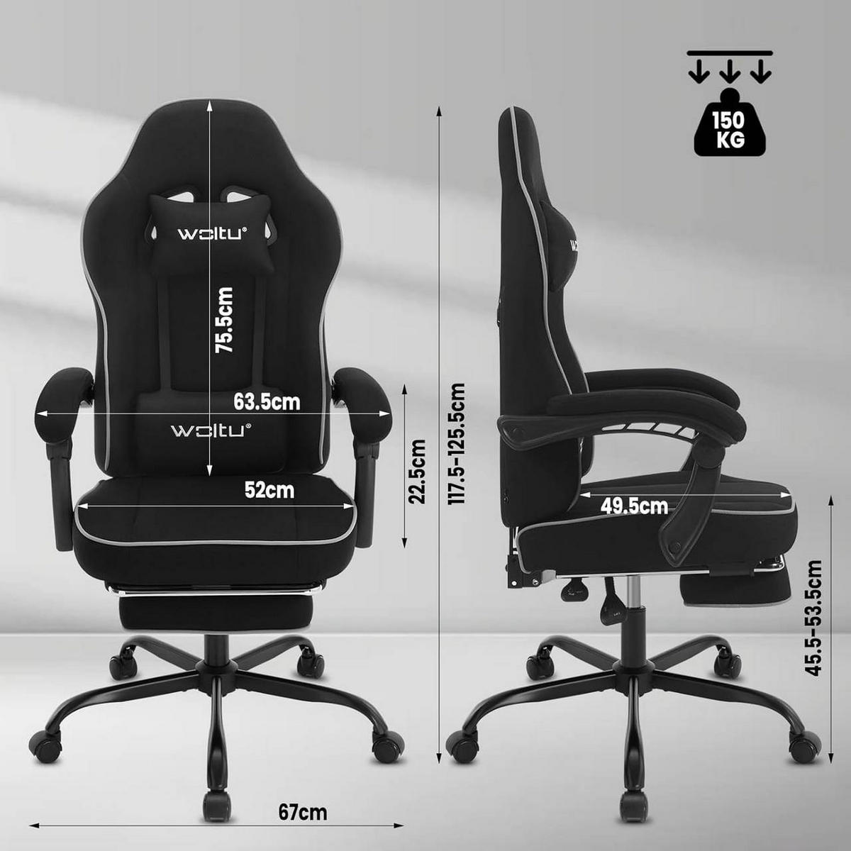 GAMINGSTUHL Drehstuhl, Netzstoff, Schwarz - Schwarz, Kunststoff/Textil (63.5/117.5/60cm) - Woltu