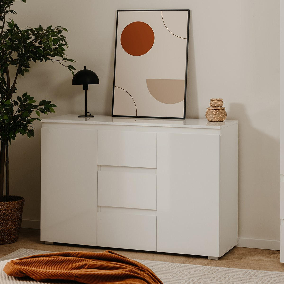 SIDEBOARD 2 Türen 3 Schubladen Weiß L120 cm - Pretoria - Weiß, Holzwerkstoff (40/80.5/120cm) - Calicosy
