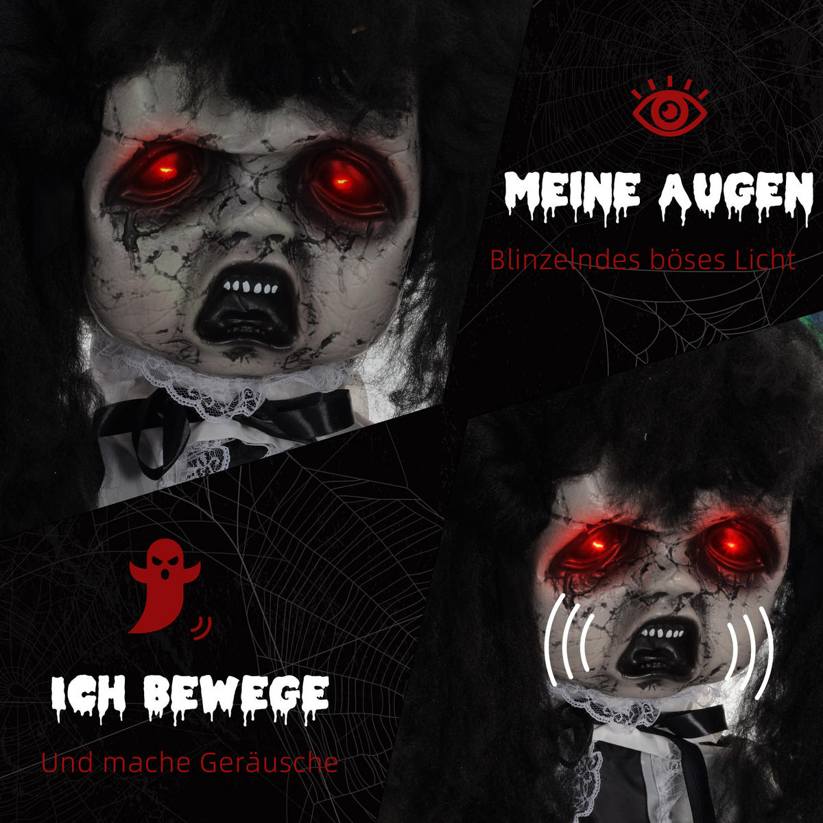 HALLOWEEN DECORATIONS 160cm Dekoration Geisterpuppe, Soundfunktion - Schwarz, Kunststoff/Metall (65/160/15cm) - HOMCOM