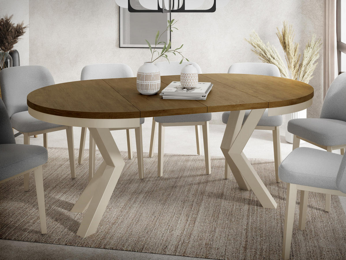 ESSTISCH Clara Beige Cashmere runder ausziehbarer, Lefkas Eiche 100-180/100/76 cm - Kaschmir/Alteiche, Holzwerkstoff/Metall (100/100/76cm) - WFL GROUP