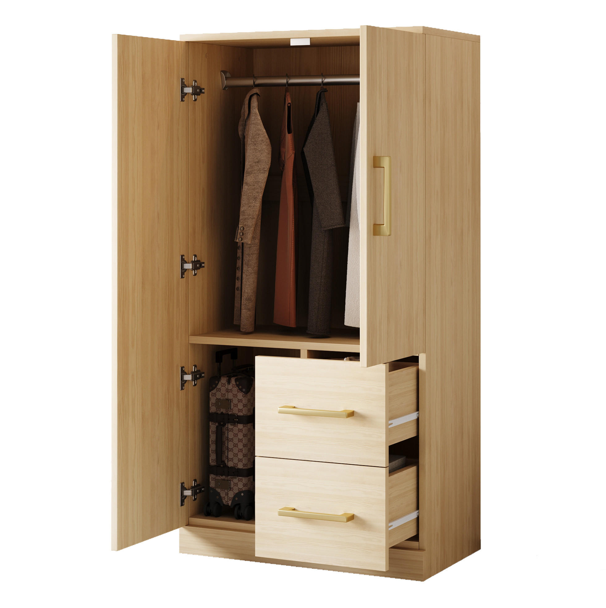 KLEIDERSCHRANK aus Holz 70x40x135 cm Holzfarbe mit Doppeltüren, 2 Schubladen und großem Stauraum - Naturfarben, Holzwerkstoff (70/135/40cm) - Modfu