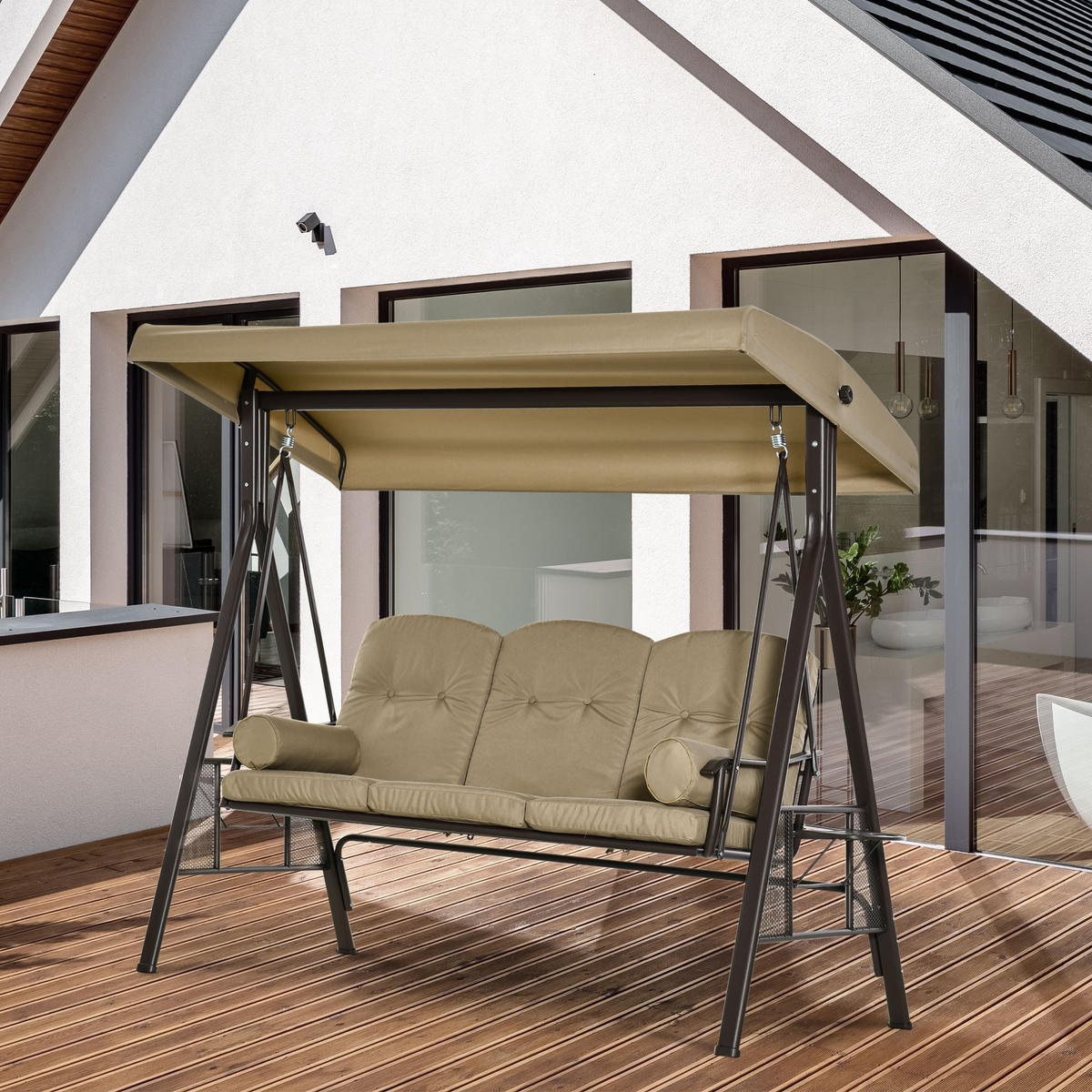 HOLLYWOODSCHAUKEL, mit Sonnendach Kissen, Metall, Khaki, 116 x 206 x 183 cm - Braun, Metall (206/183/116cm) - Outsunny