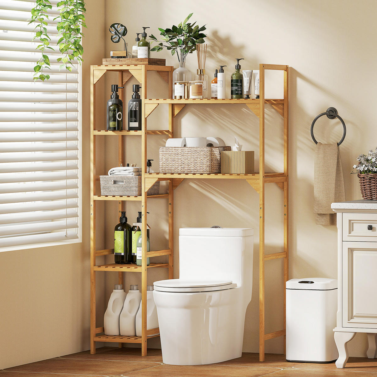 WASCHMASCHINENREGAL DE-10497 7 Ablagen, verstellbar Bambus - Naturfarben, Naturmaterialien (40/157/100cm) - ComfortXL