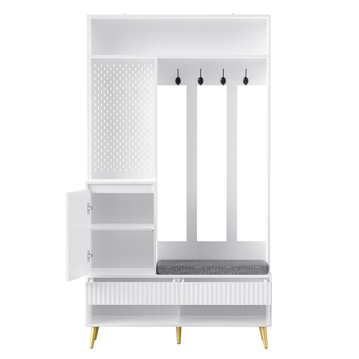 GARDEROBENSET 35/100/180 cm aus MDF mit Sitzbank, 2 Schubladen, Schrank und 4 Haken, Weiß - Weiß, Holzwerkstoff (100/180/35cm) - Redom