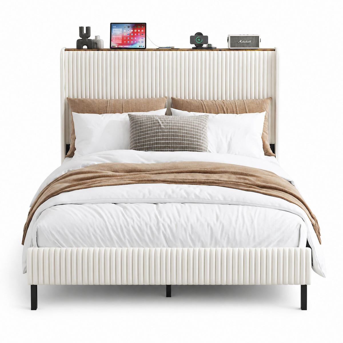 POLSTERBETT 140/200 cm in Beige & Creme Cord mit Flügelkopfteil - Beige, Holzwerkstoff/Textil (140/200cm) - CHICFURN