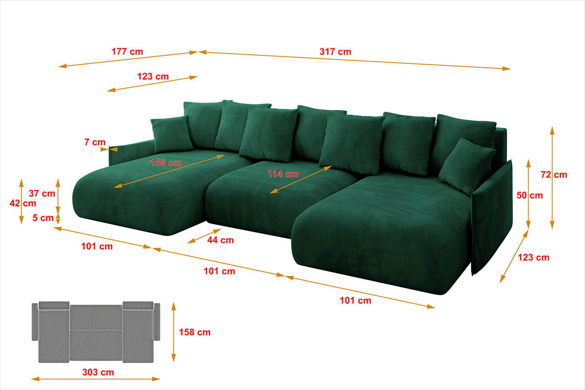 WOHNLANDSCHAFT mit Schlaffunktion und Bettkasten ONESK-U-v1 317x177x72 Dunkelgrün Velours - Dunkelgrün, Holzwerkstoff/Kunststoff (317/72/177cm) - ALTDECOR