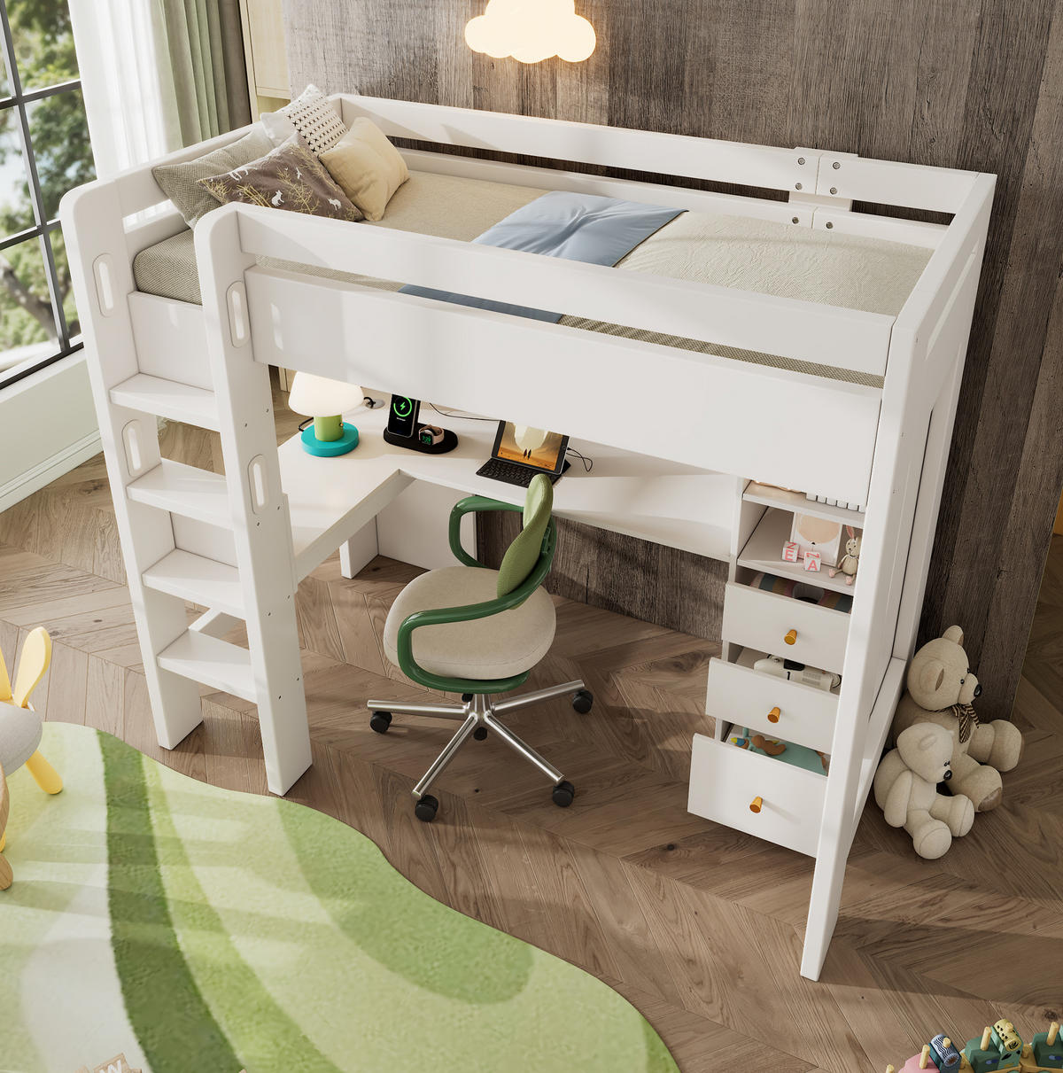 HOCHBETT 90/200 cm Weiß aus Holz mit Schreibtisch - Weiß, Holzwerkstoff (90/200cm) - OKMYHOME