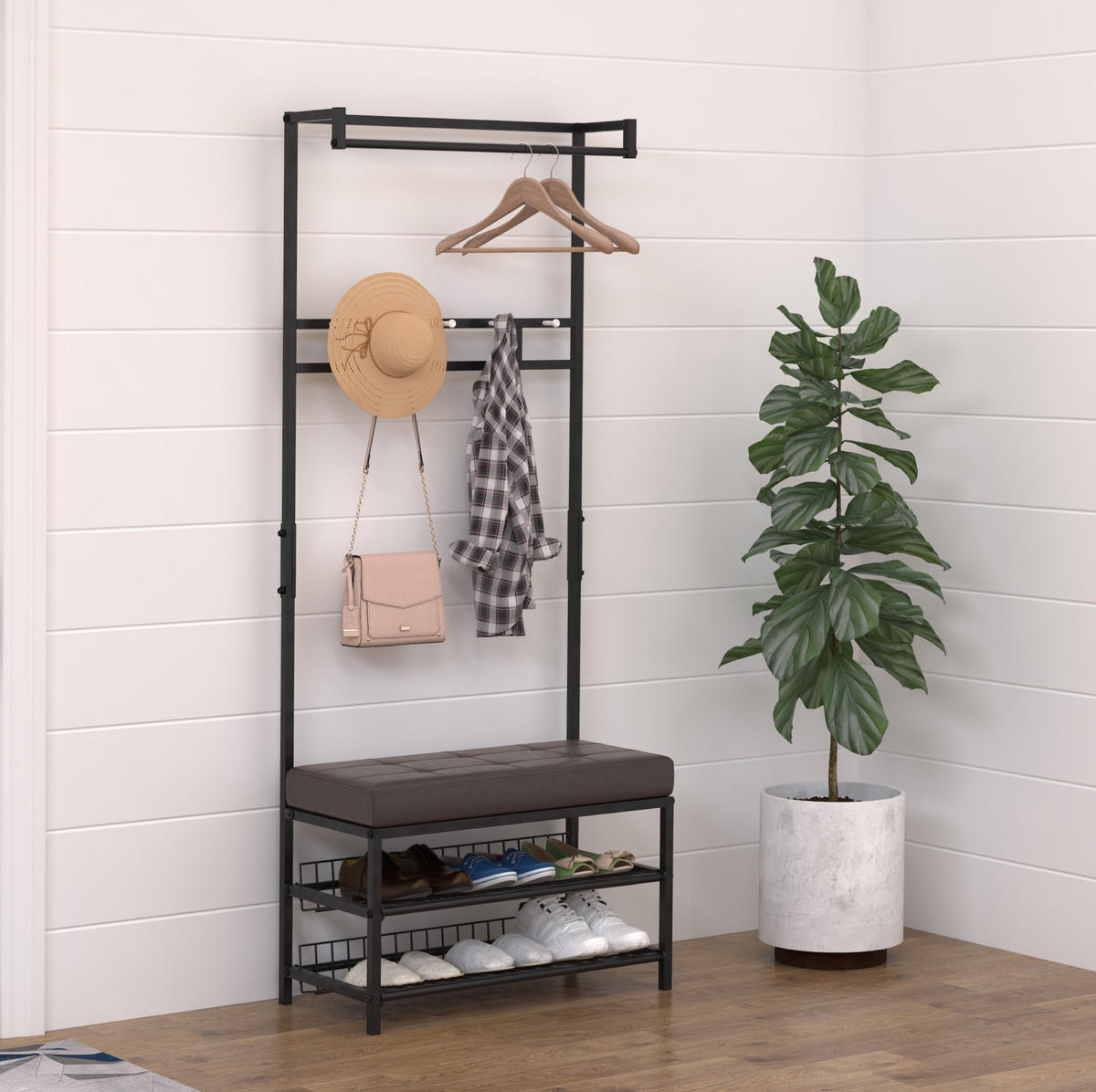 GARDEROBENSTÄNDER mit Bank 72,5x35x180 cm Metall Schwarz - Schwarz, Metall (35/180/725cm) - Beauniv