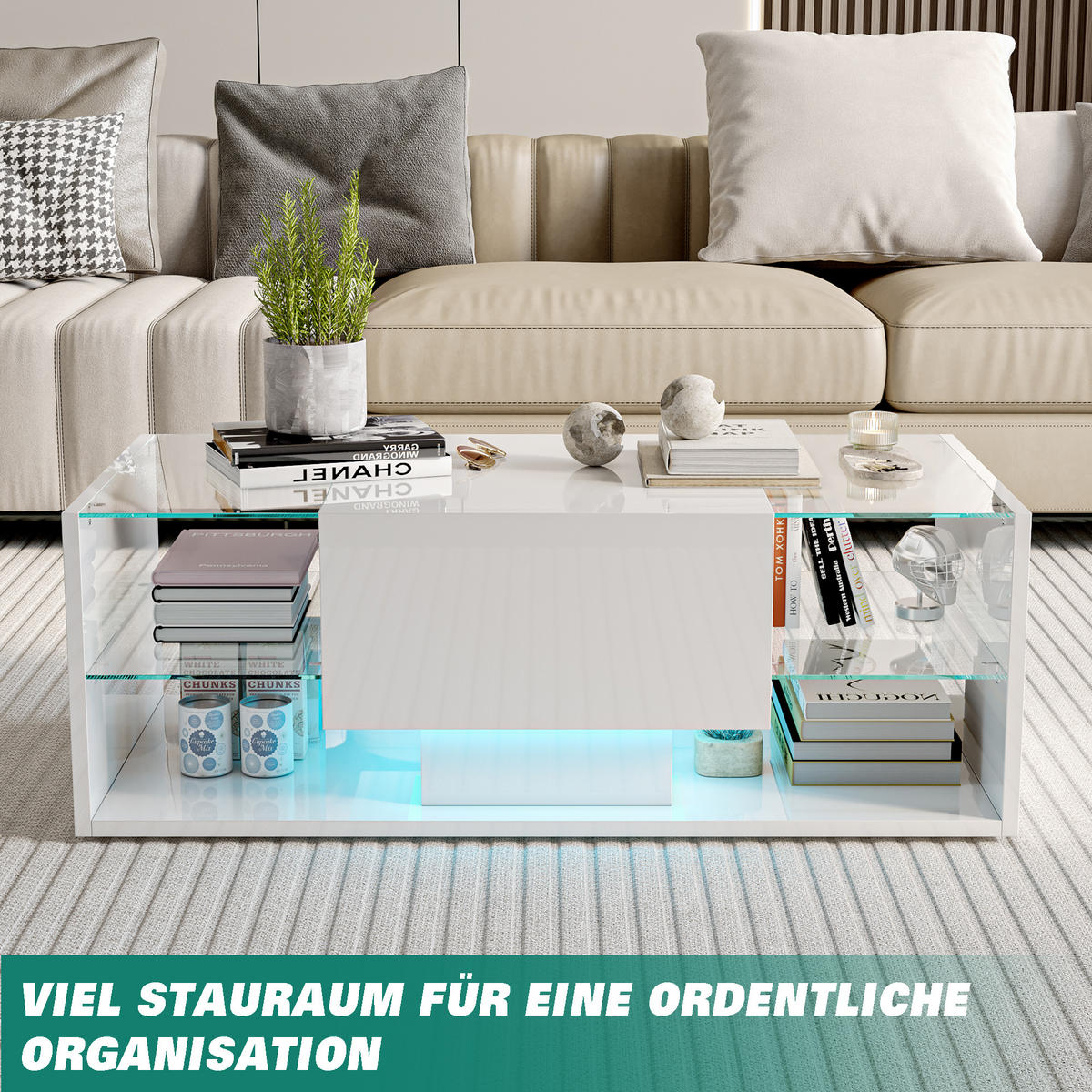 COUCHTISCH mit LED, Hochglanz Wohnzimmertisch, Weiß 100x50x35 cm - Weiß, Holz (50/100/35cm)