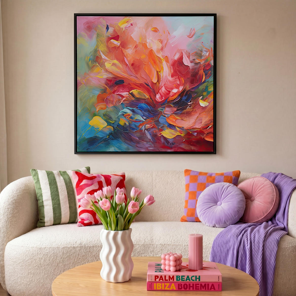LEINWAND Bilder mit Rahmen - Ölgemälde - Kunst - Abstrakt - Farbenfroh - 90x90 - Altrosa, Textil (90/90cm) - MuchoWow