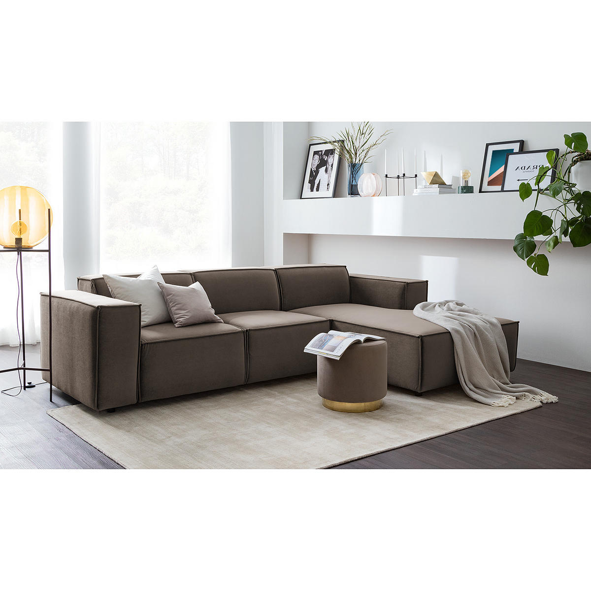 ECKSOFA mit Longchair - Taupe/Schwarz, Kunststoff/Textil (260/177cm) - home24