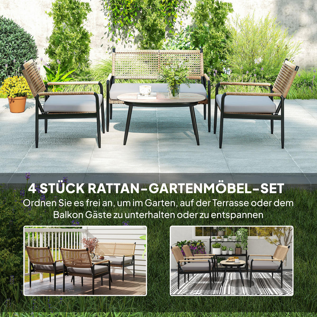 GARTENMÖBEL LOUNGE-SET DE-06737 4-teilig mit Glastisch Dunkelgrau/Gelb - Dunkelgrau, Kunststoff/Metall - ComfortXL
