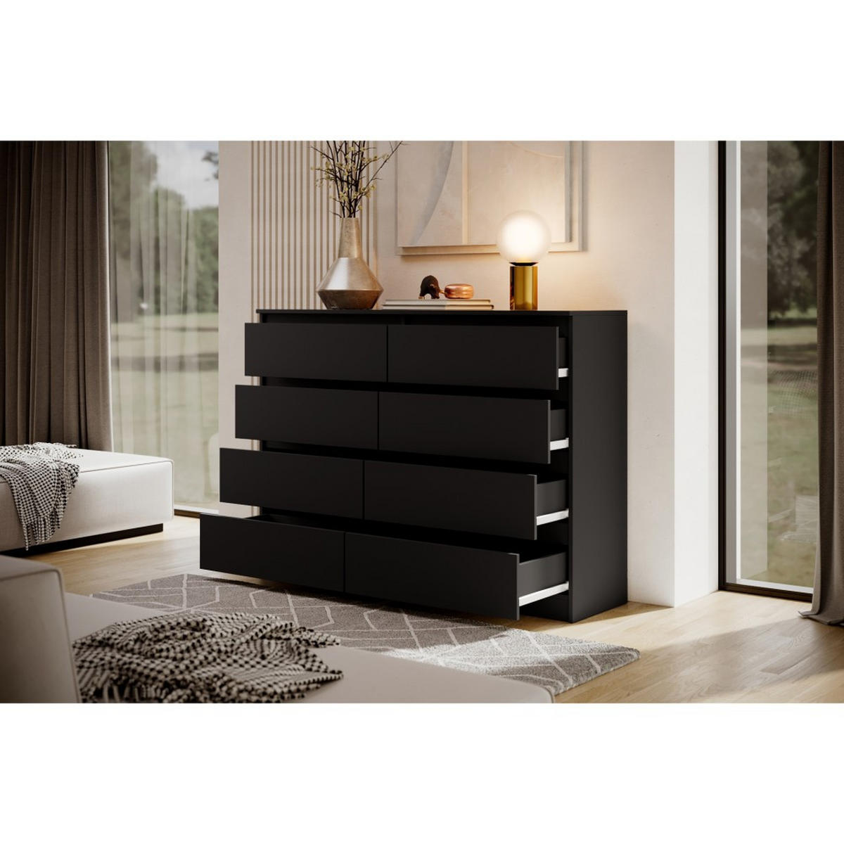 KOMMODE Lemon 140 cm mit acht Schubladen schwarz matt - Schwarz, Holzwerkstoff (140/101.5/39cm) - Beautysofa