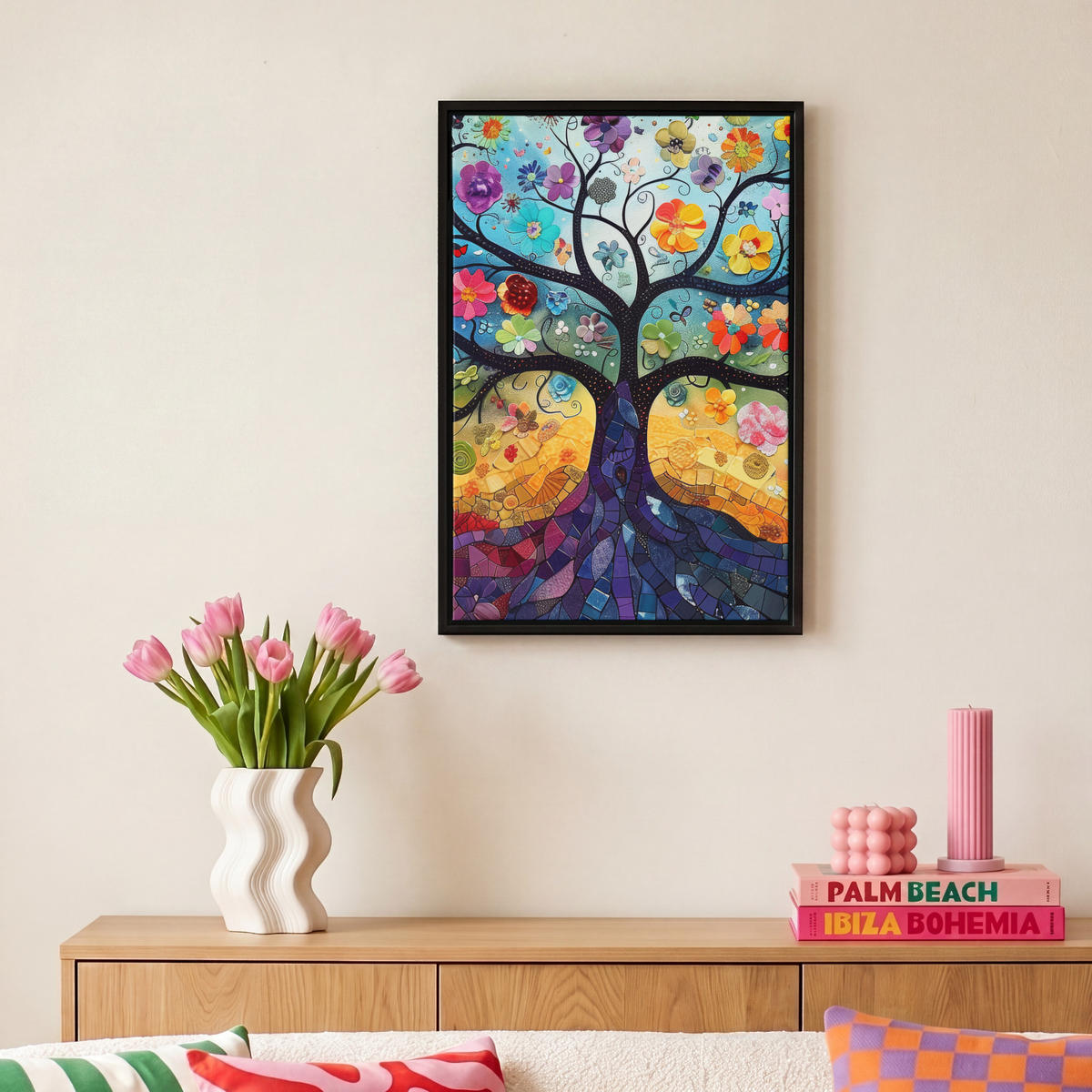 LEINWAND Bilder mit Rahmen - Kunst - Baum des Lebens - Blumen - Hippie - 20x30 - Dunkelblau, Textil (20/30cm) - MuchoWow