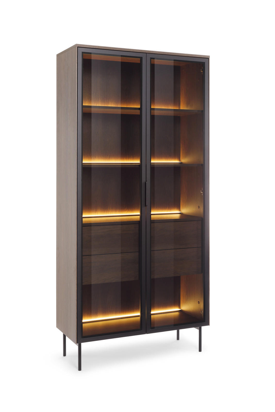 HOCHVITRINE LUMI 92 cm Eiche Dunin - mit Braunglas und LED-Beleuchtung - Eichefarben/Schwarz, Holz/Holzwerkstoff (92/195/39cm) - Ravio