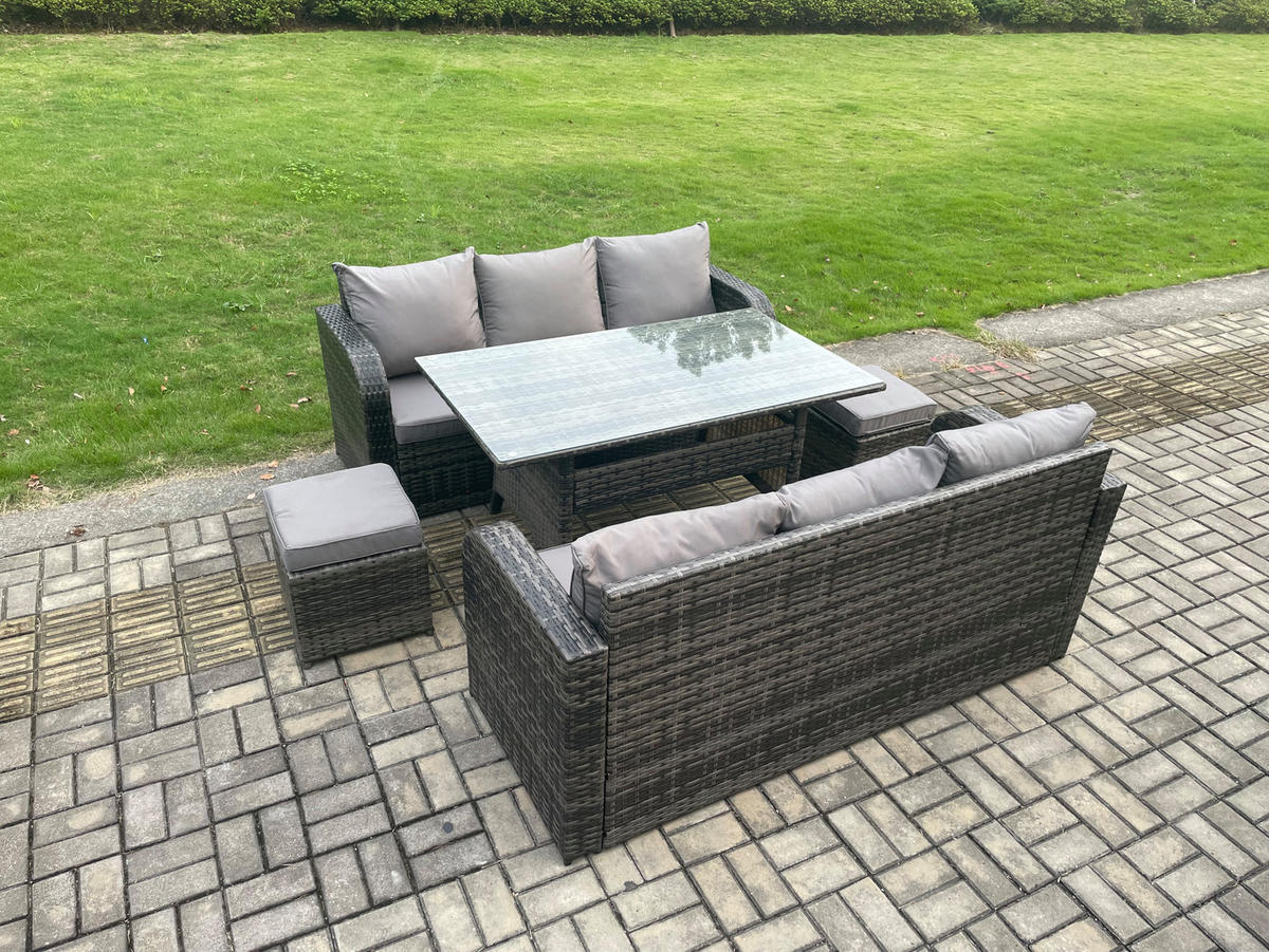 GARTENGARNITUR mit 3-Sitzer Sofa,2 Hockern Polyrattan Dunkelgrau 8-Sitzer - Dunkelgrau/Grau, Glas/Kunststoff - Fimous