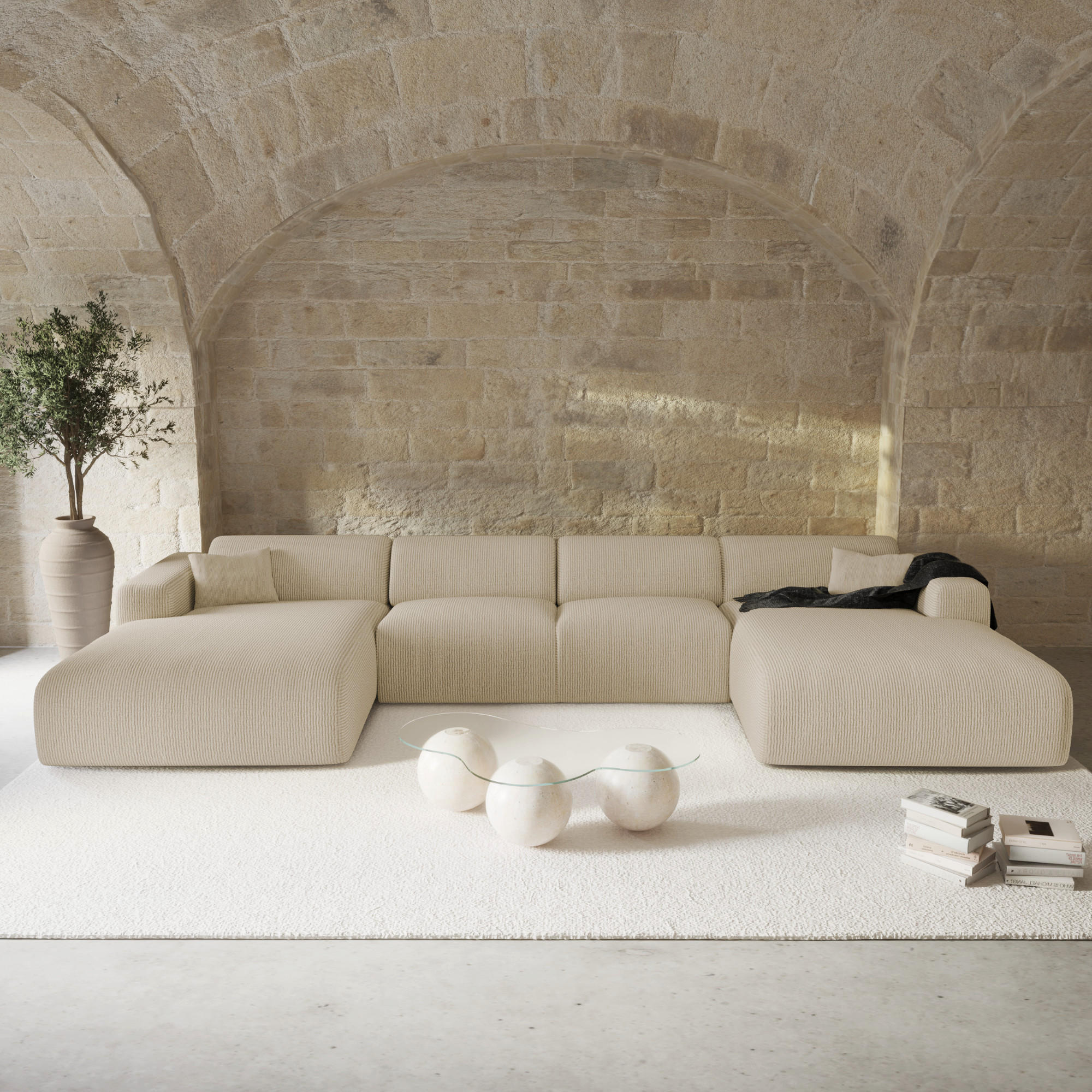 WOHNLANDSCHAFT Gerippter Samt Beige 366cm - Beige, Textil (366/73/165cm) - Sia Home