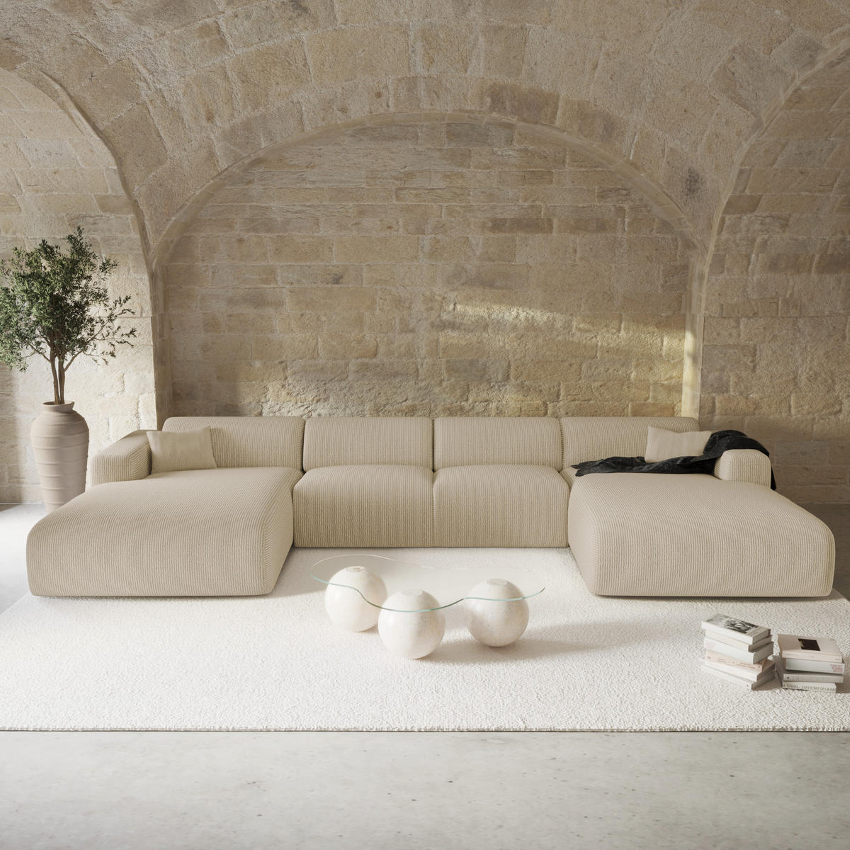WOHNLANDSCHAFT Gerippter Samt Beige 366cm - Beige, Textil (366/73/165cm) - Sia Home