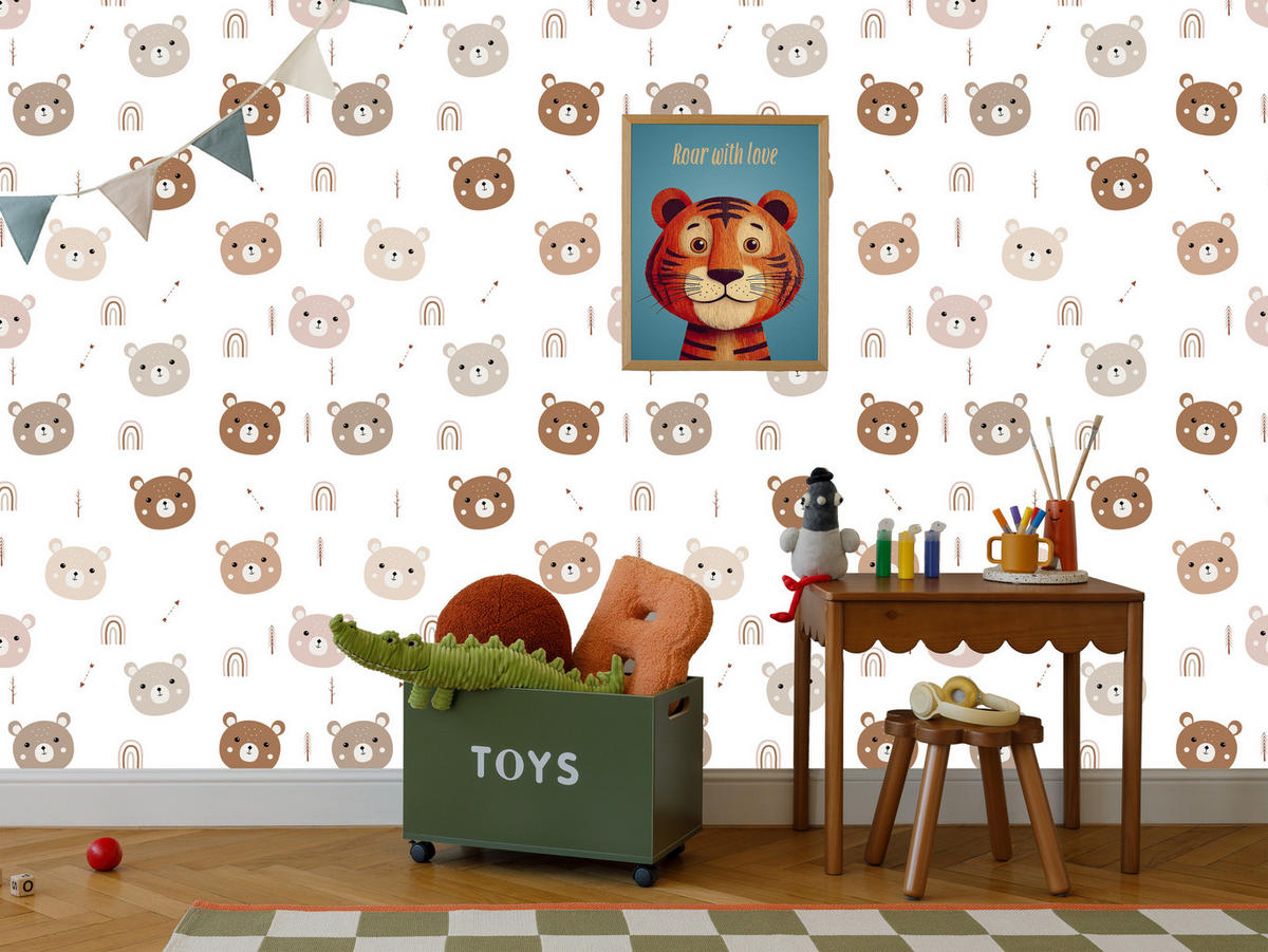 VLIESTAPETE Bären und Regenbogen – Braun, Beige, Weiß – 50x1000 cm - Beige/Braun, Papier (50/1000cm) - Muralo