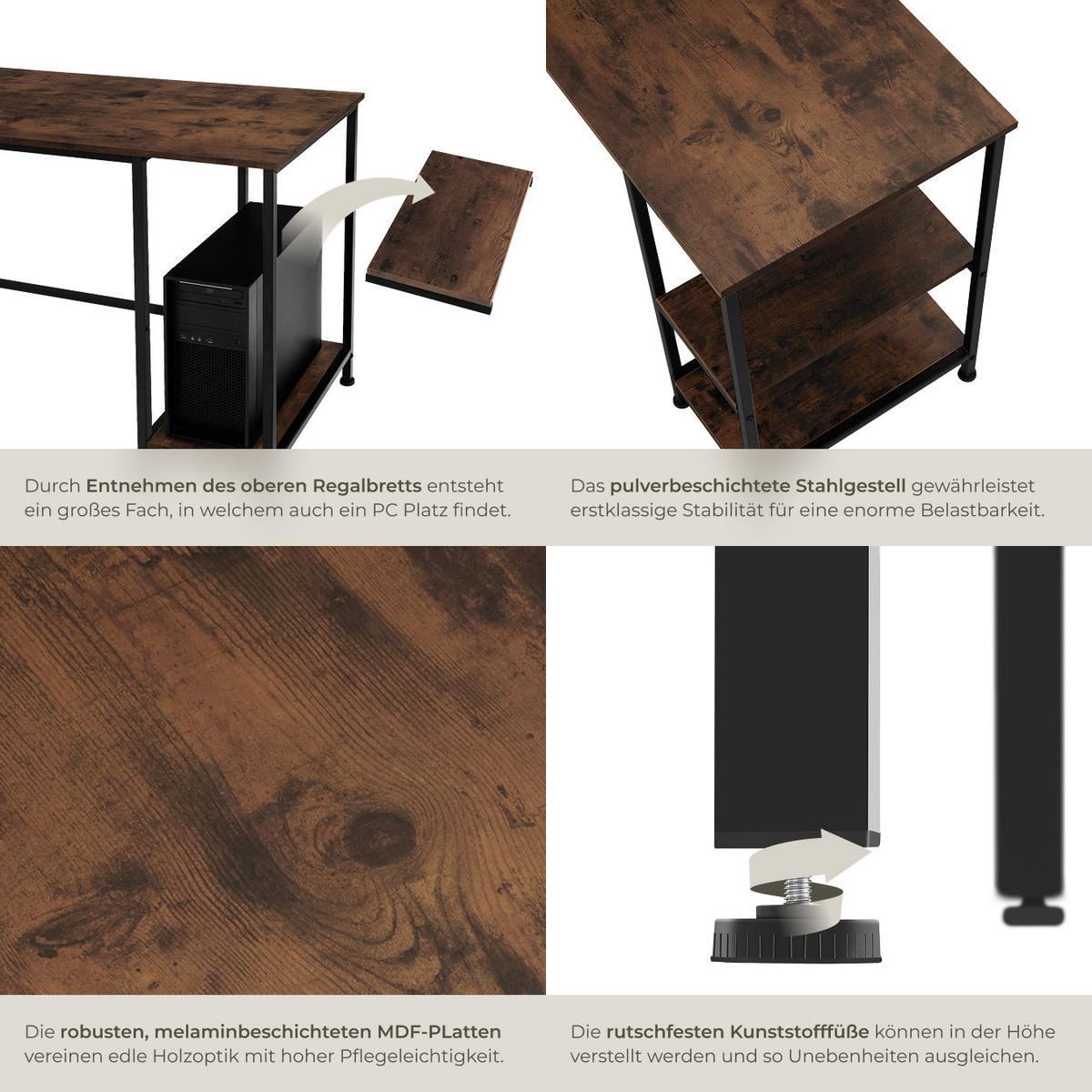 SCHREIBTISCH Hamilton,138 x 138 x 75,5 cm,Industrial Holz dunkel, rustikal - Rostfarben, Holz (138/138/75.5cm) - tectake