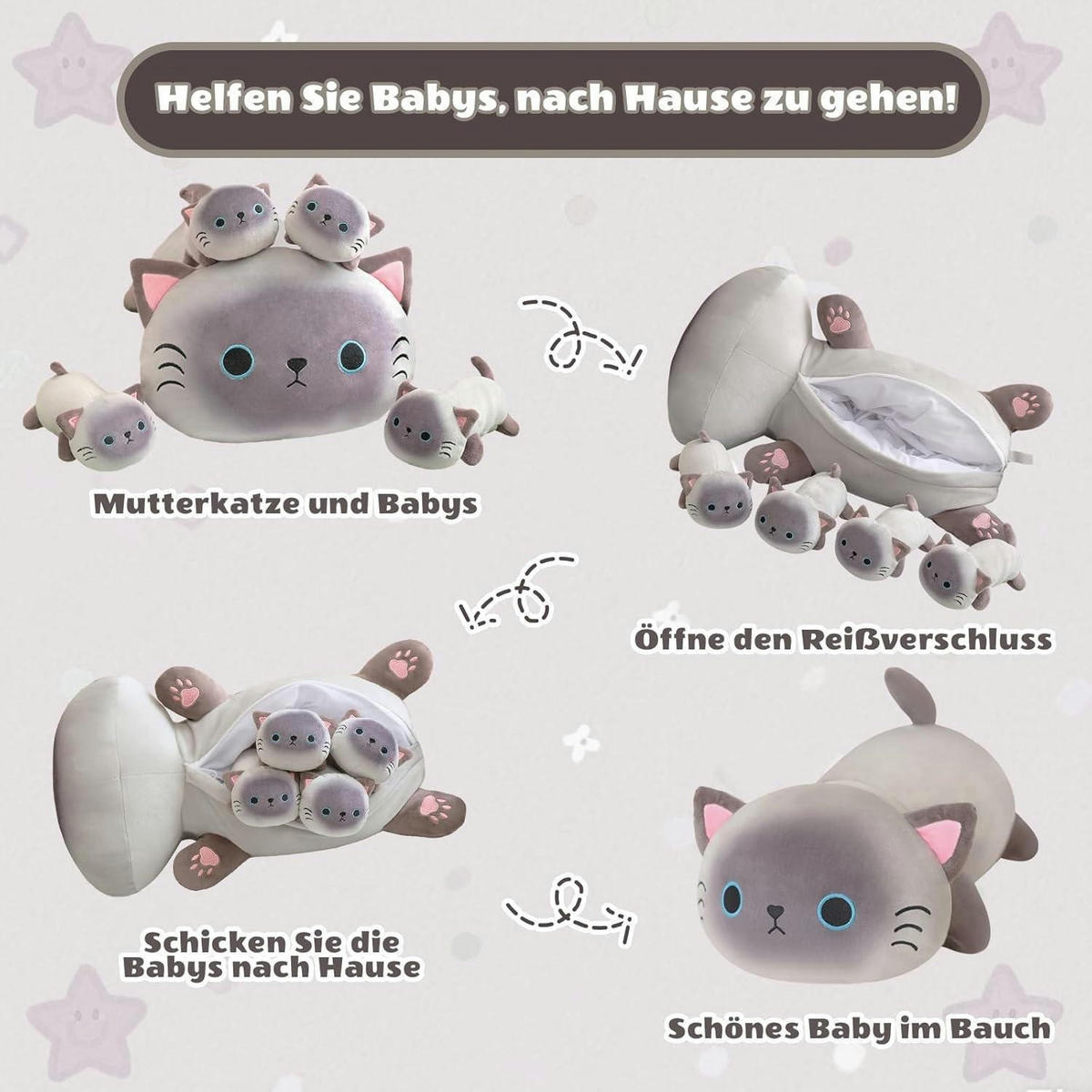 PLÜSCHKISSEN 5-teiliges Set Katzenbabys - Grau, Textil (22/50cm)