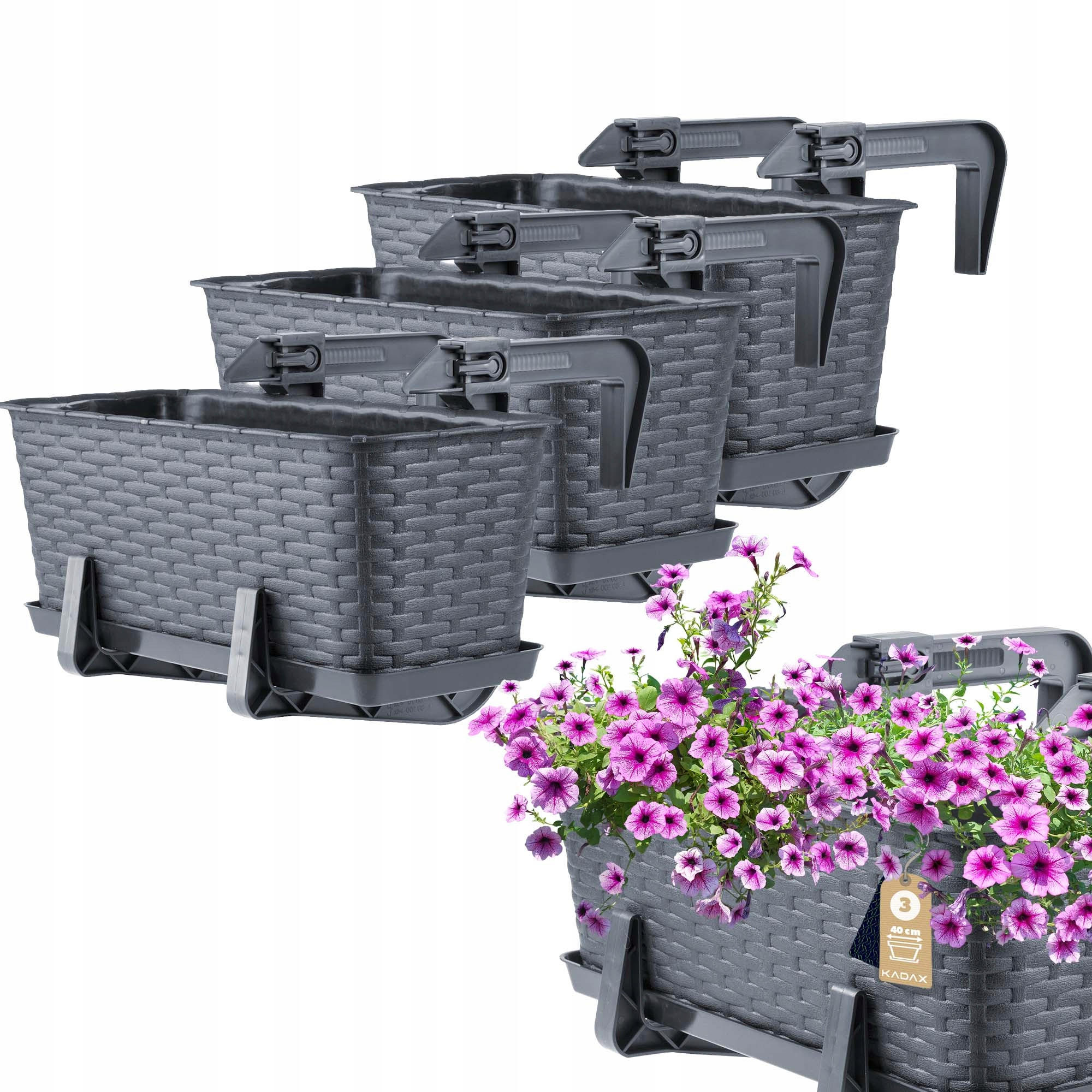 BALKONKASTEN mit Griffen, Graphit, 40 cm, 3 Stk. - Graphitfarben, Kunststoff (17/40cm) - KADAX