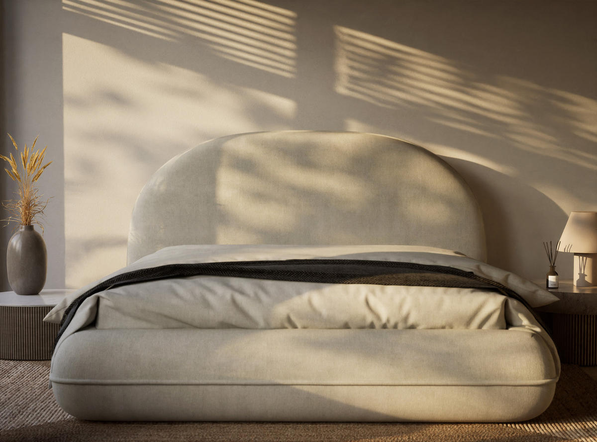 POLSTERBETT Koji Creme 160/200 cm im Chenille-Stoff - Creme/Schwarz, Holz/Holzwerkstoff (160/200cm) - Maison de Reve