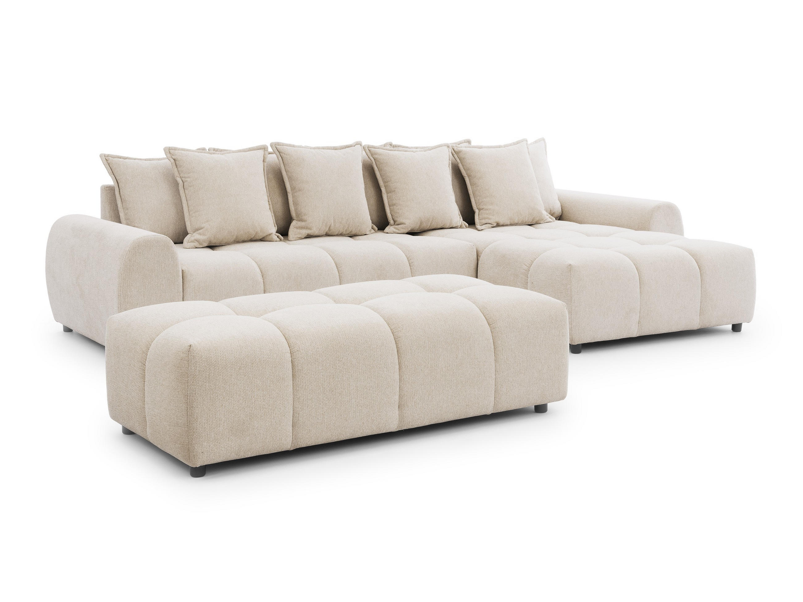 ECKSOFA inkl. Hocker Bubble mit Schlaffunktion und losen Rückenkissen, Sitzfläche Bubble-Optik aus weichem Hellbeige Strukturstoff - Ottomane Rechts - Beige/Schwarz, Holz/Kunststoff (306/180cm) - S-Style Möbel