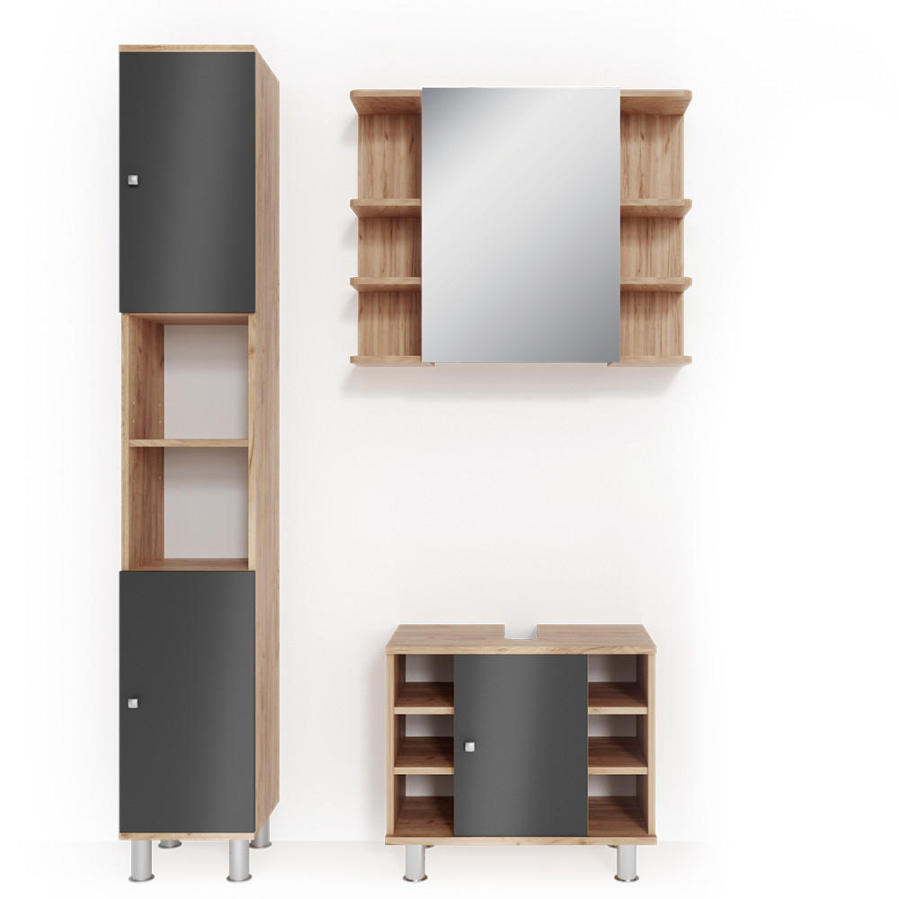 BADMÖBEL-SET Fynn Eiche 3 Teile, mit Hochschrank - Eichefarben/Anthrazit, Holzwerkstoff (60/54/32cm) - Vicco