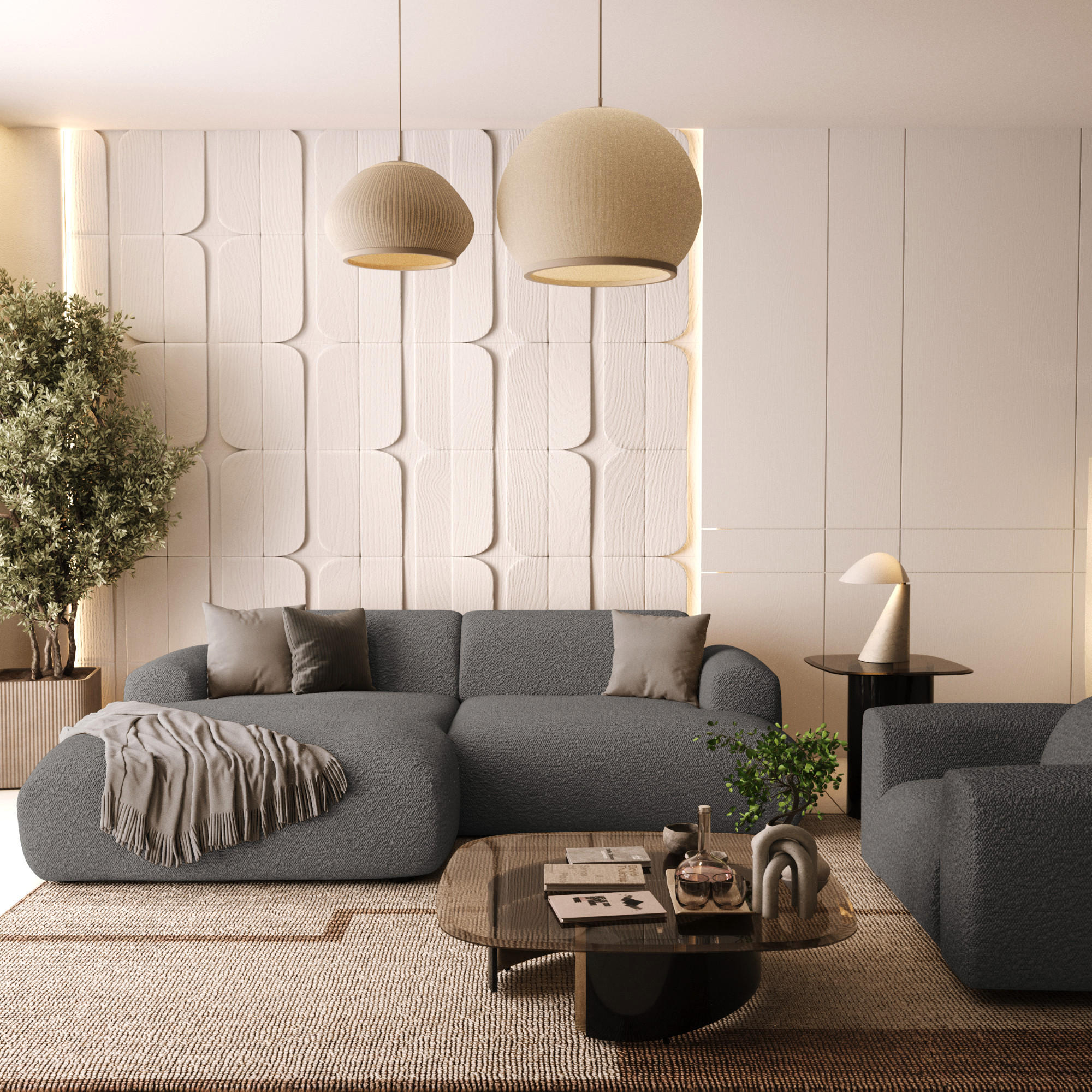 ECKSOFA LINKS Bouclé-Stoff Graphitgrau 266cm - Graphitfarben/Grau, Textil (165/266cm) - Sia Home