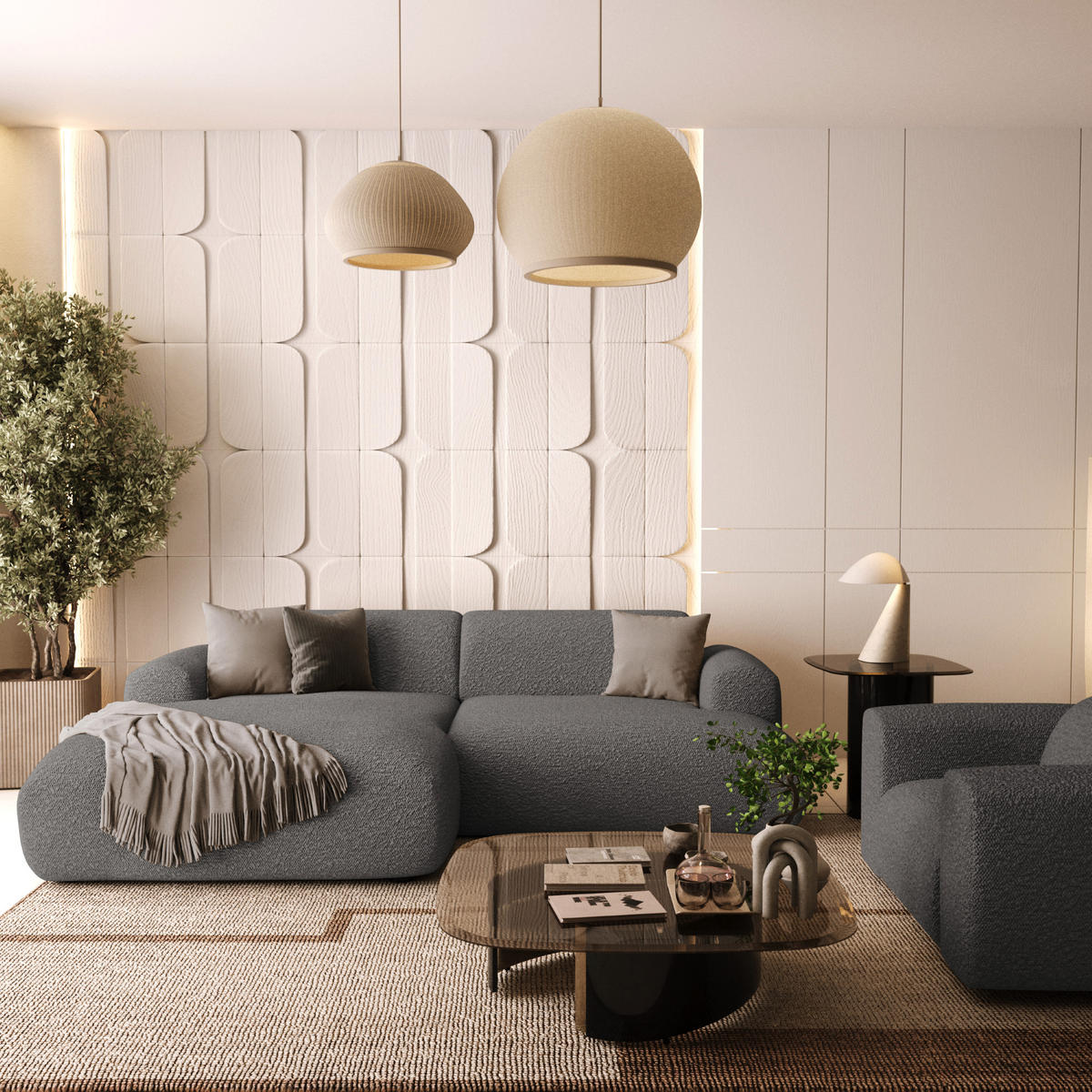 ECKSOFA LINKS Bouclé-Stoff Graphitgrau 266cm - Graphitfarben/Grau, Textil (165/266cm) - Sia Home