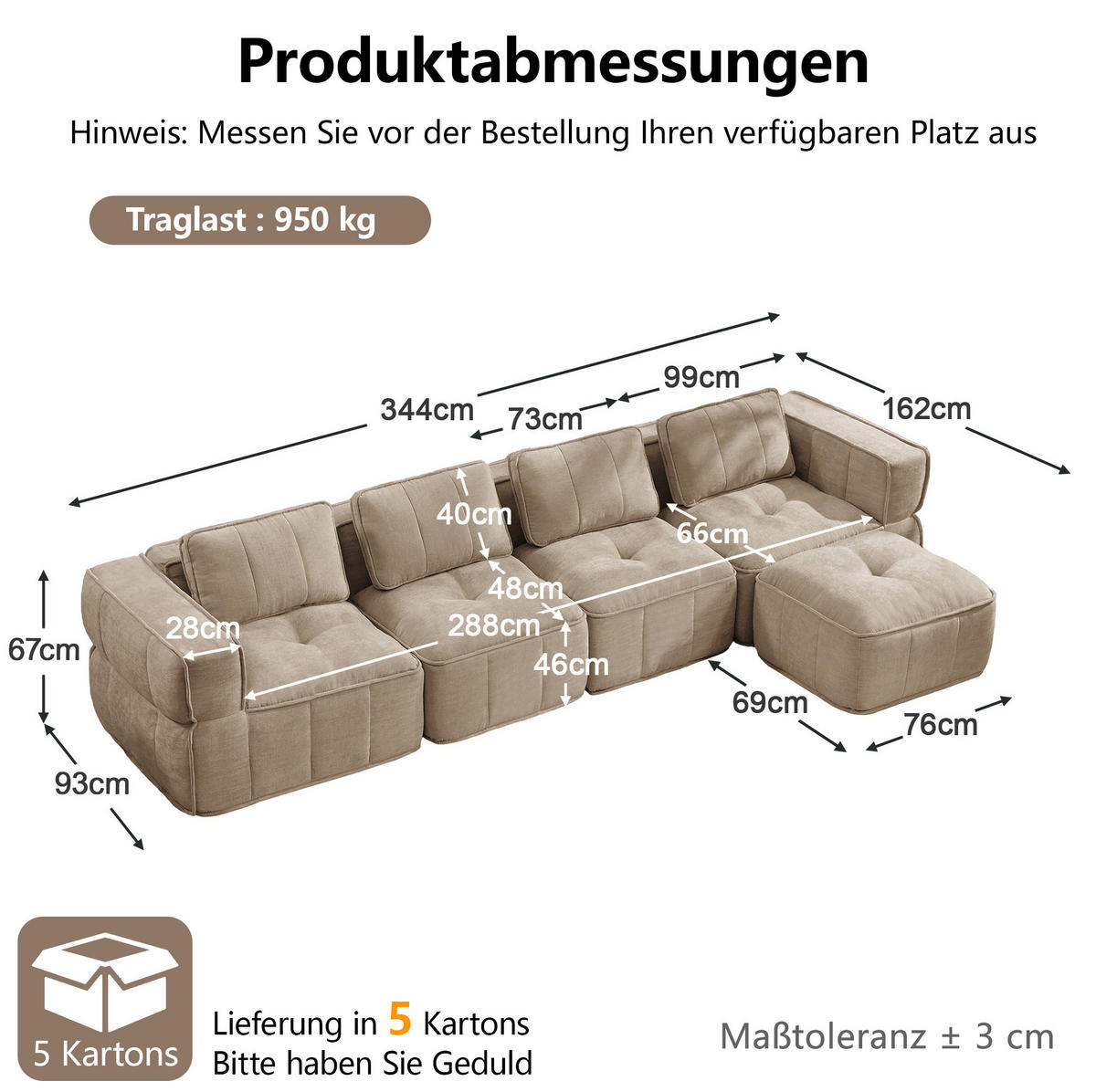 ECKSOFA 344/162/67 cm in Sand mit Hocker und rahmenlosem Design - Sandfarben, Kunststoff (162/344cm) - Flora Grace