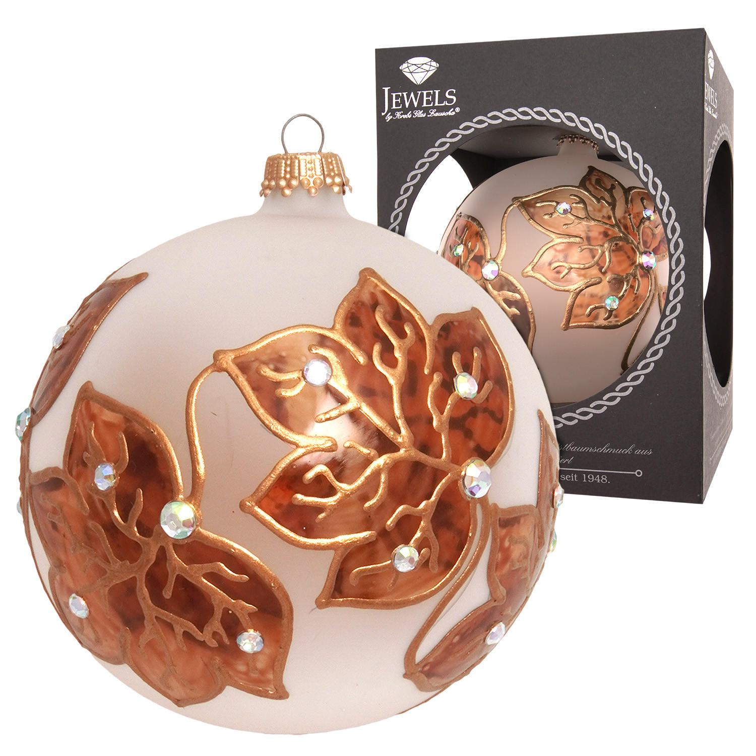 CHRISTBAUMKUGEL Kupferblätter Weiß 8cm (Glas / 1 Stk.) - Weiß, Glas (8/8/8cm) - Krebs Glas Lauscha