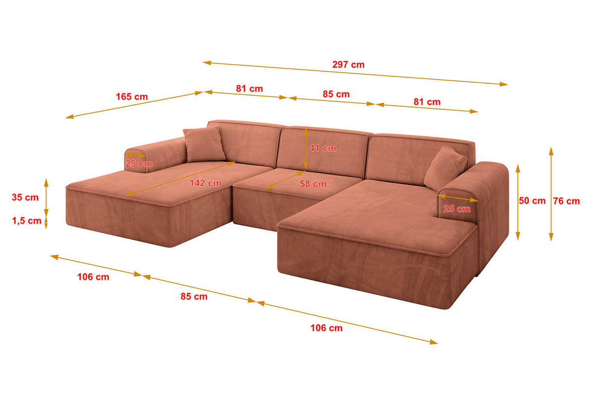 WOHNLANDSCHAFT IREA-U1-v3 - 297x165x76 cm Apricot - Koralle, Holzwerkstoff/Textil (297/76/165cm) - ALTDECOR