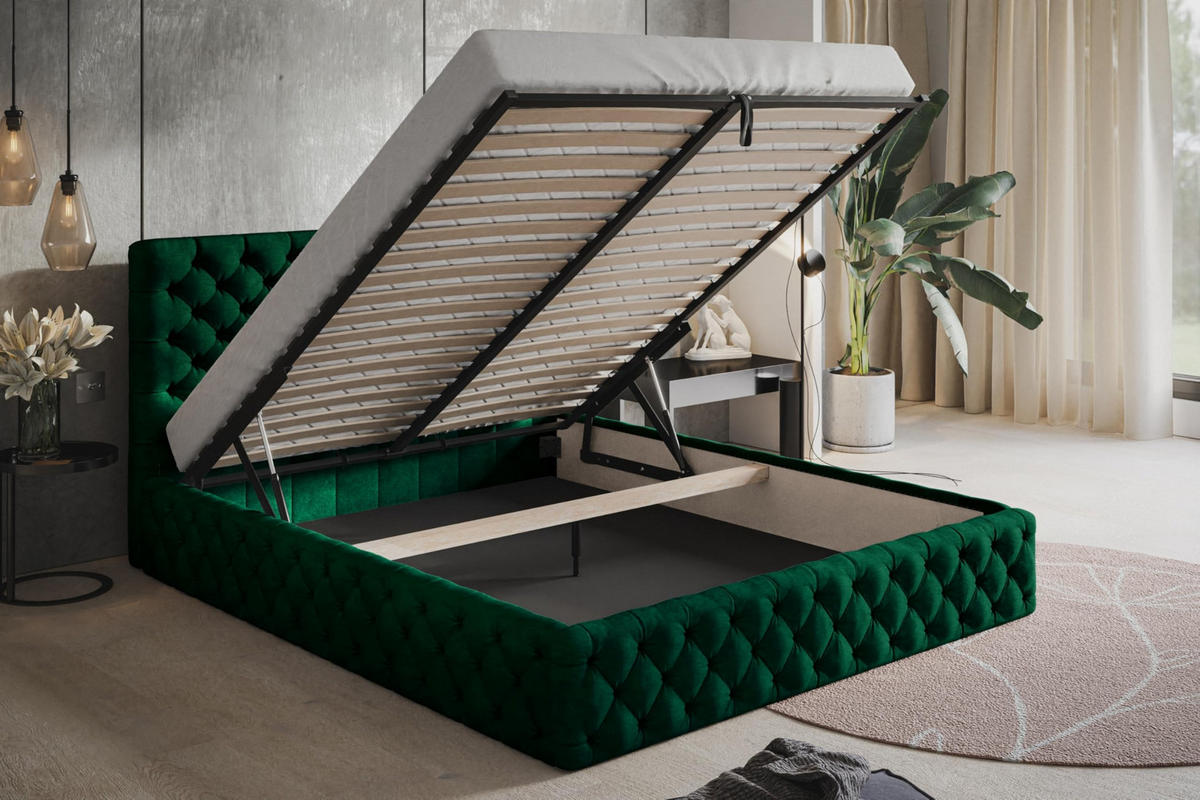 BETT 90x200 - Polsterbett mit Bettkasten und Metallrahmen - Elegant Betten - Glatter Kronos-Stoff - Kollektion Miami, Grün - Grün, Holz/Textil (90/200cm) - Alpi-Möbel