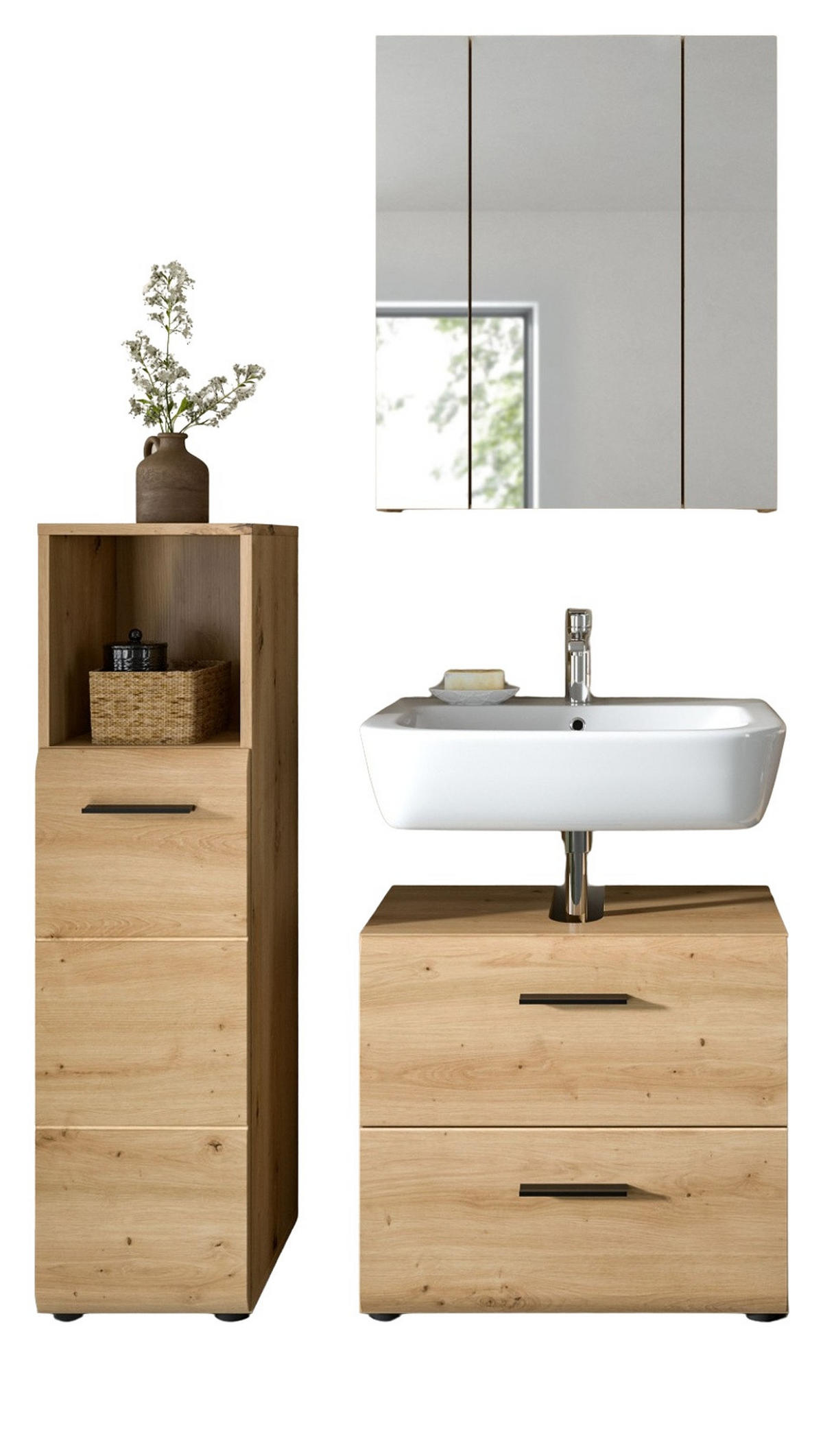 BADMÖBEL Set Eiche Artisan 3-teilig, Badkombination 105 cm, modernes Design, Cover - Schwarz/Eiche Artisan, Glas/Holzwerkstoff (105/185/30cm) - Inn.Furn