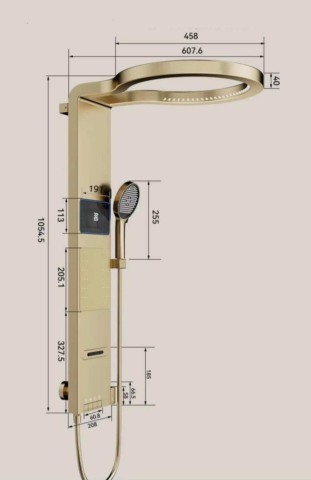 ÜBERKOPFBRAUSESET LED Regendusche Wandmontage Digital - Goldfarben, Metall (60.7/105.5/45.8cm) - Kaket