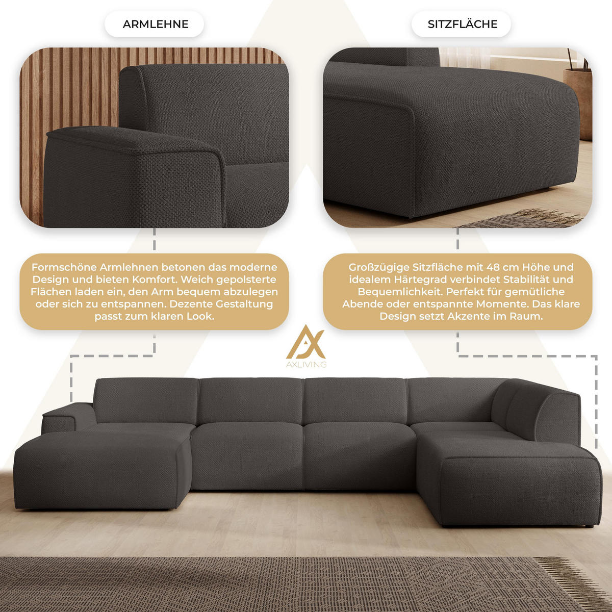WOHNLANDSCHAFT Didim Grau 378/220/78 cm – großes Sofa stilvoll & bequem R - Schwarz/Grau, Kunststoff/Textil (378/78/220cm) - AX Living