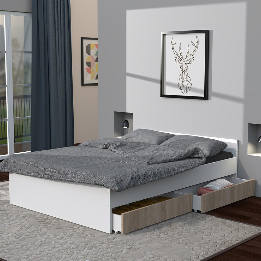 BETT KAPPA mit Kopfteil und Schubladen / Bett 140x190 - Weiß & Eiche Gebleicht Dekor - Multicolor, Holzwerkstoff (140/190cm) - Weber Industries